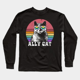 Ally Cat LGBT Rainbow Pride with Cool cat face wearing sunglasses Long Sleeve T-Shirt